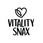 A black and white logo of vitality snax.