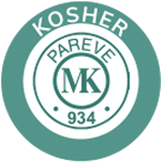 A green and white logo for kosher pareve 9 3 4.