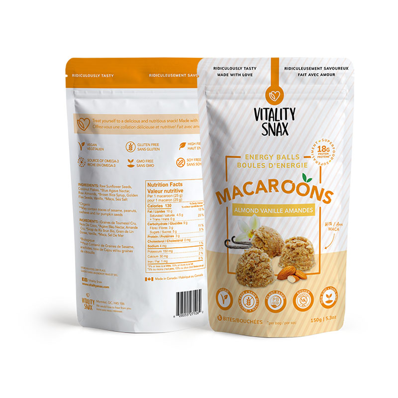 A bag of macaroons is shown next to the packaging.