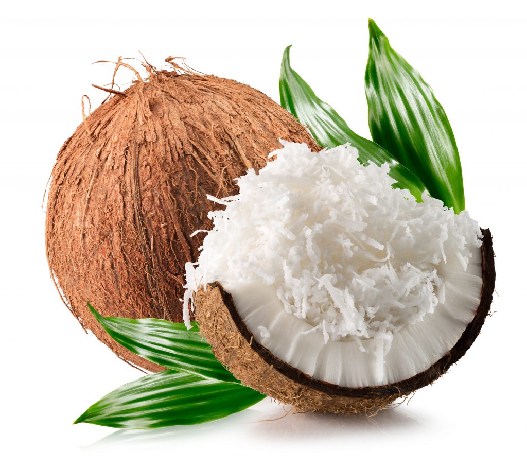 A close up of coconut and coconuts with leaves